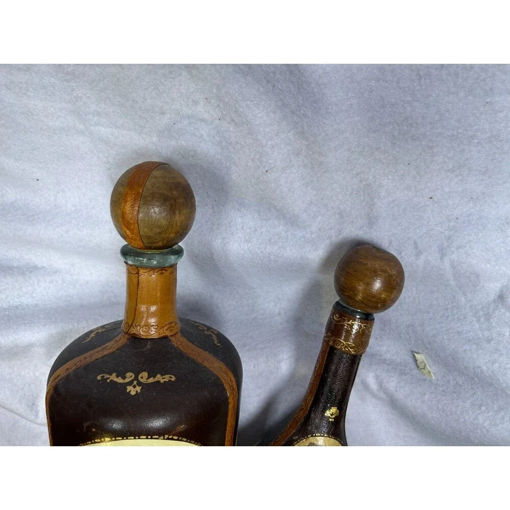 Two Vintage Italian brown Leather Covered Wine Bottle Bar Decanter Made In Italy